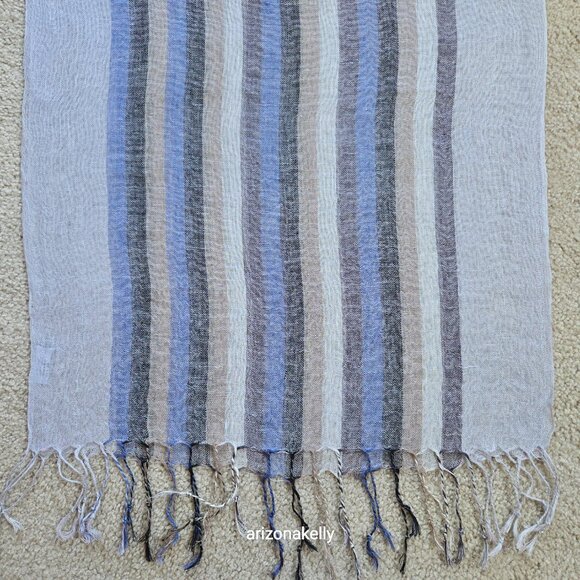 Linen Scarf Blue Grey Tan--Made in Paris - Picture 2 of 11